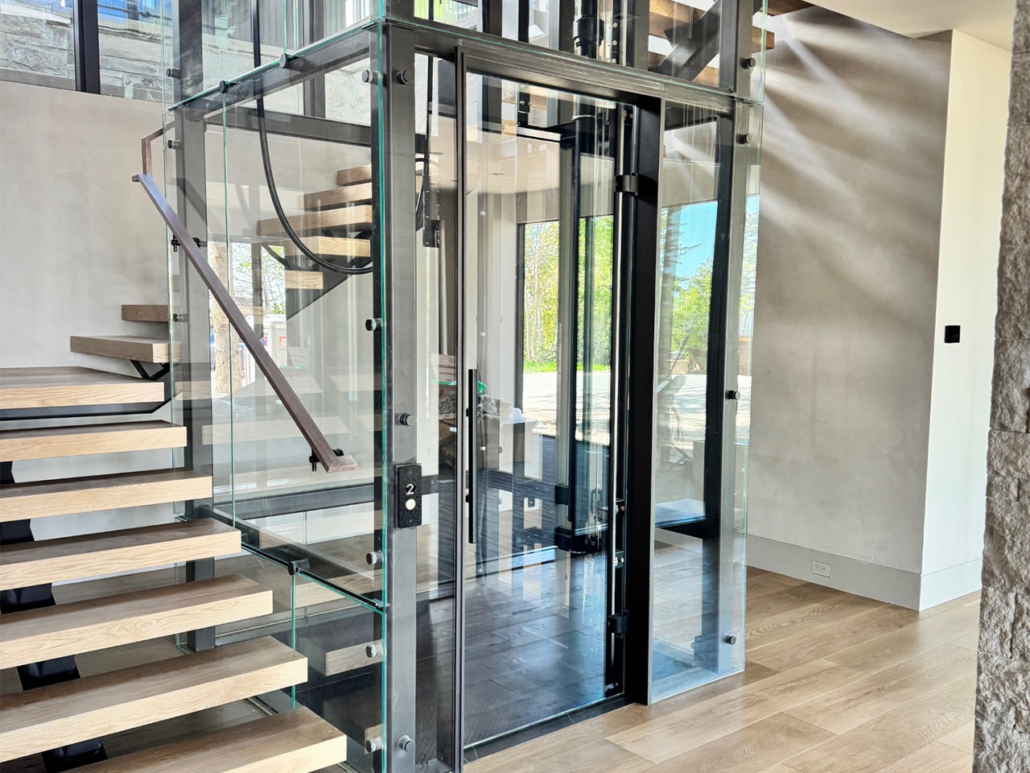 residential elevator installed inside a framed shaftway in a Colorado home